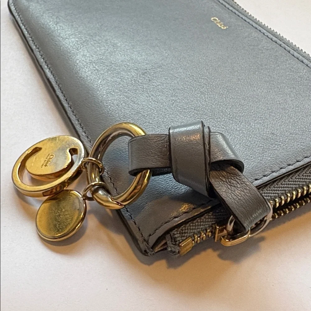 Chloe Alphabet Wallet Card Holder smooth blue gray leather gold hardware C charm